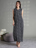 Navy Floral Rayon Elegant Sleeveless Nightdress For Women