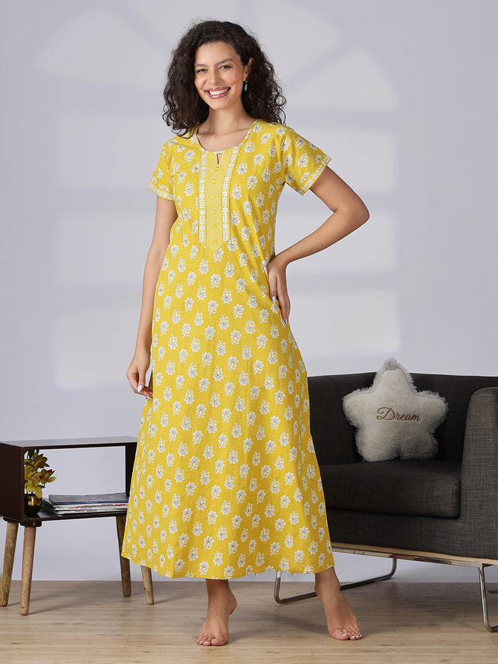 Floral yellow best pure cotton nighty for women in India