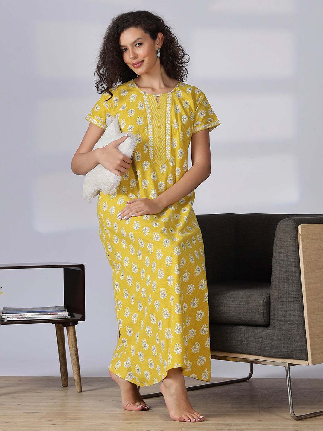 Floral yellow best pure cotton nighty for women in India