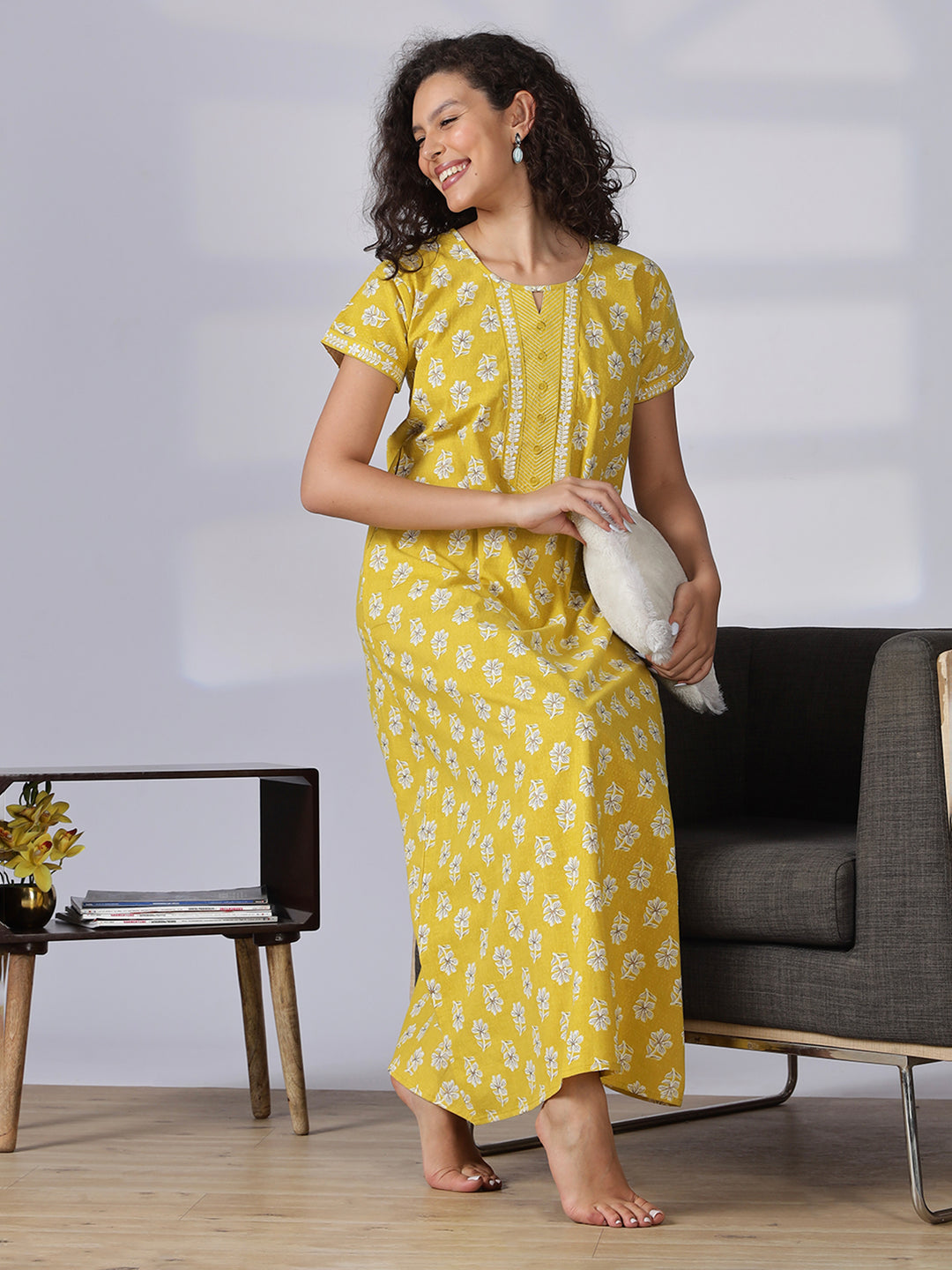 Floral yellow best pure cotton nighty for women in India