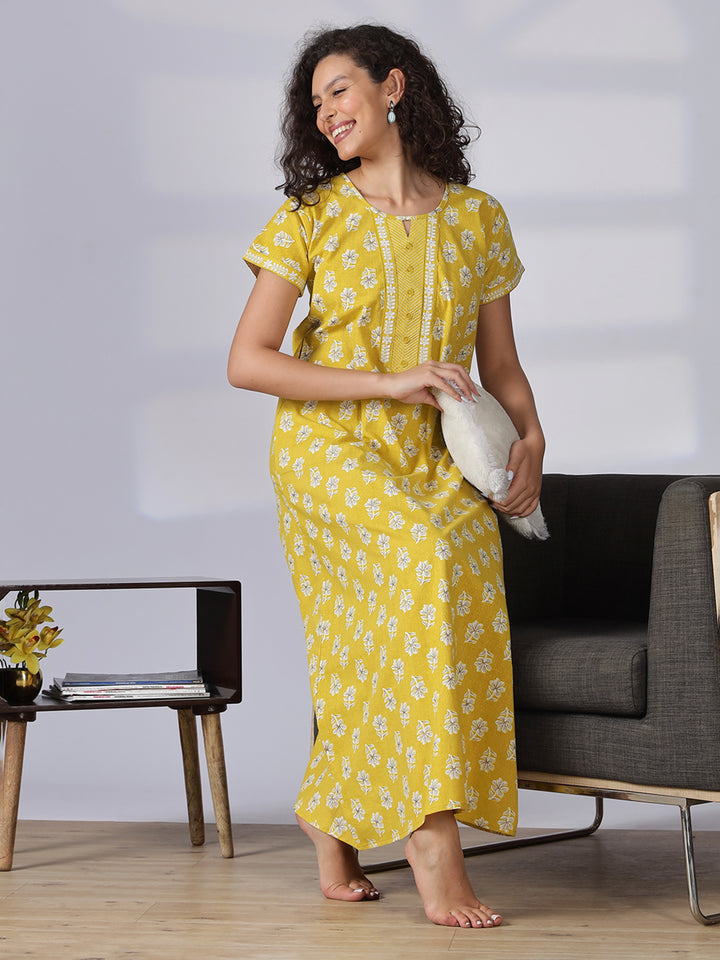 Floral yellow best pure cotton nighty for women in India