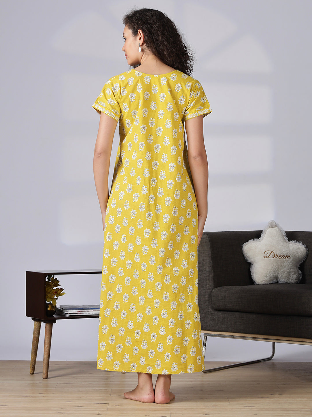 Floral yellow best pure cotton nighty for women in India