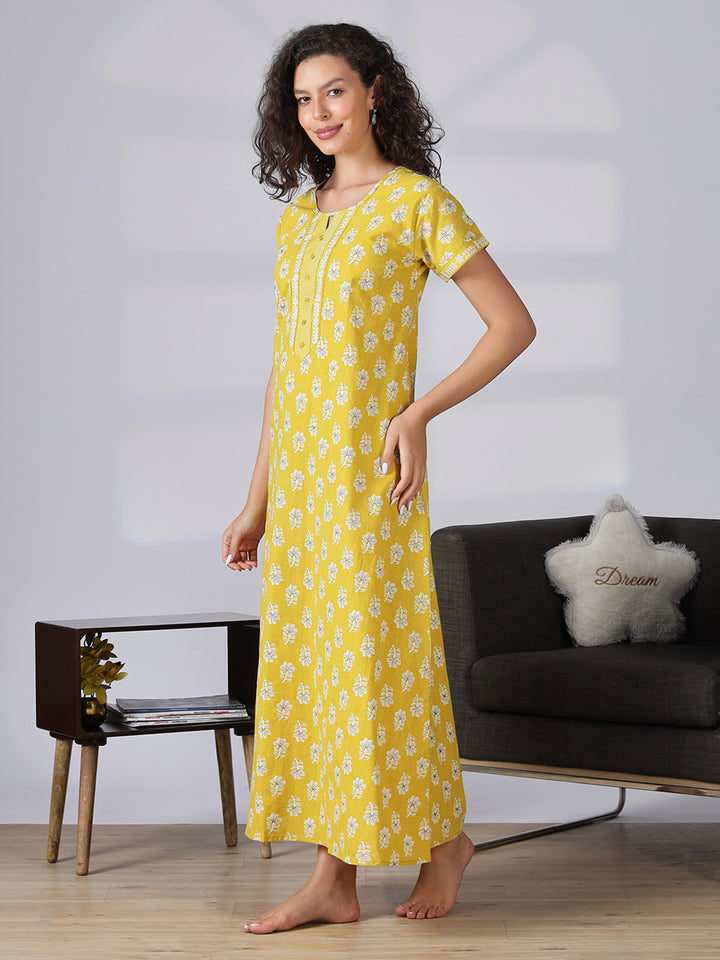 Floral yellow best pure cotton nighty for women in India