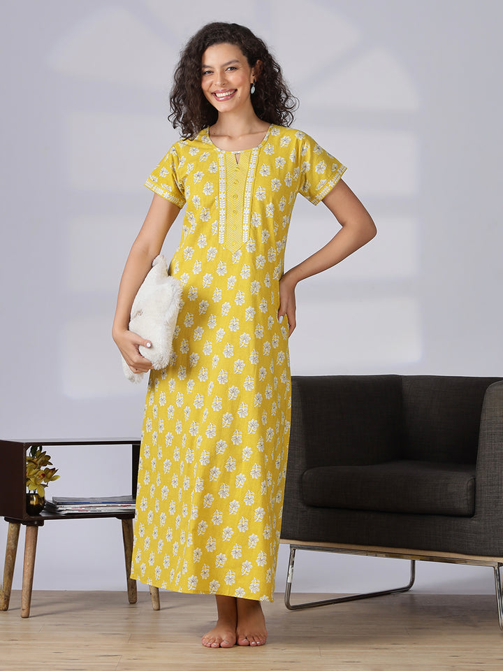 Floral yellow best pure cotton nighty for women in India