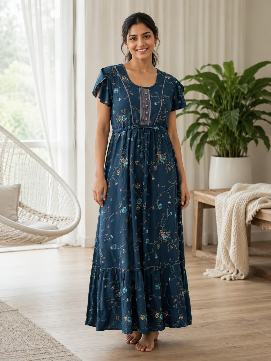 Floret teal night dress for women in alpine fabric