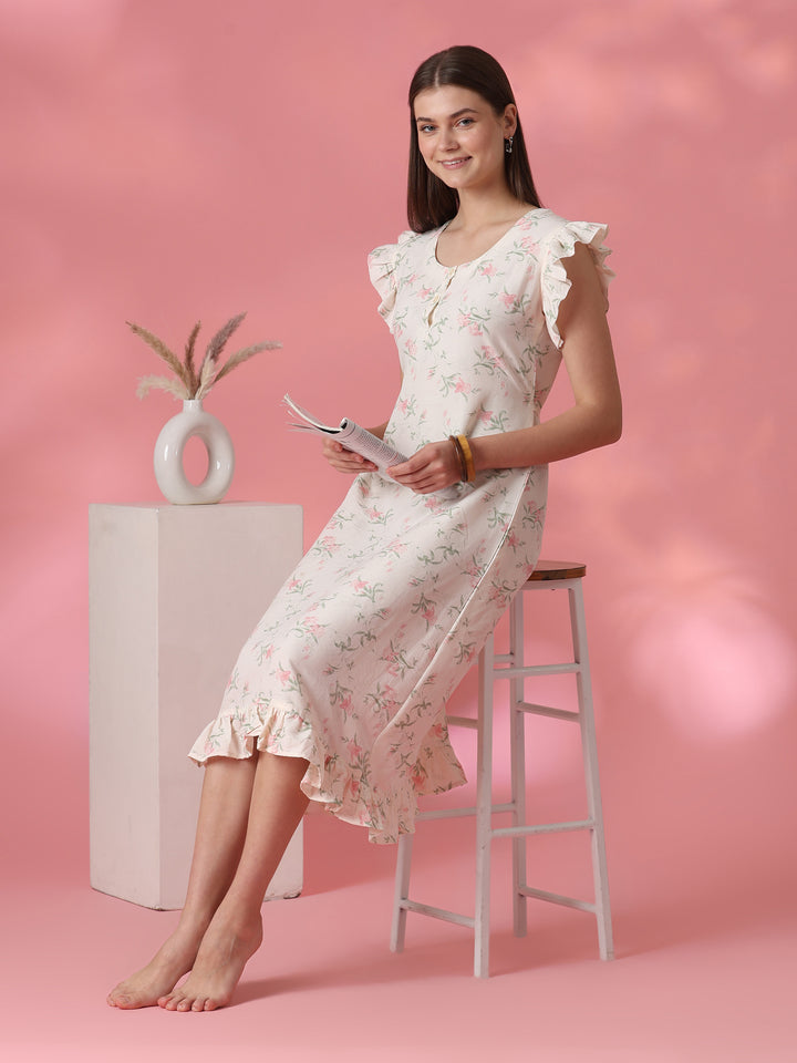 Cream floral crush cotton short nighty for women online