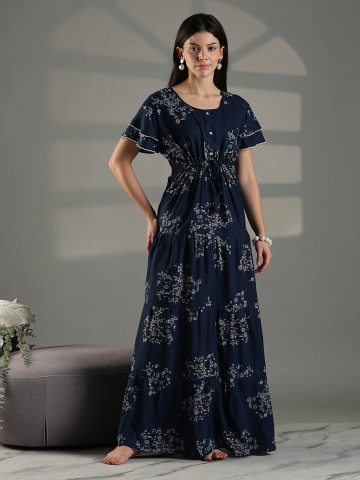 Navy blue floral frock type branded nighty for women.