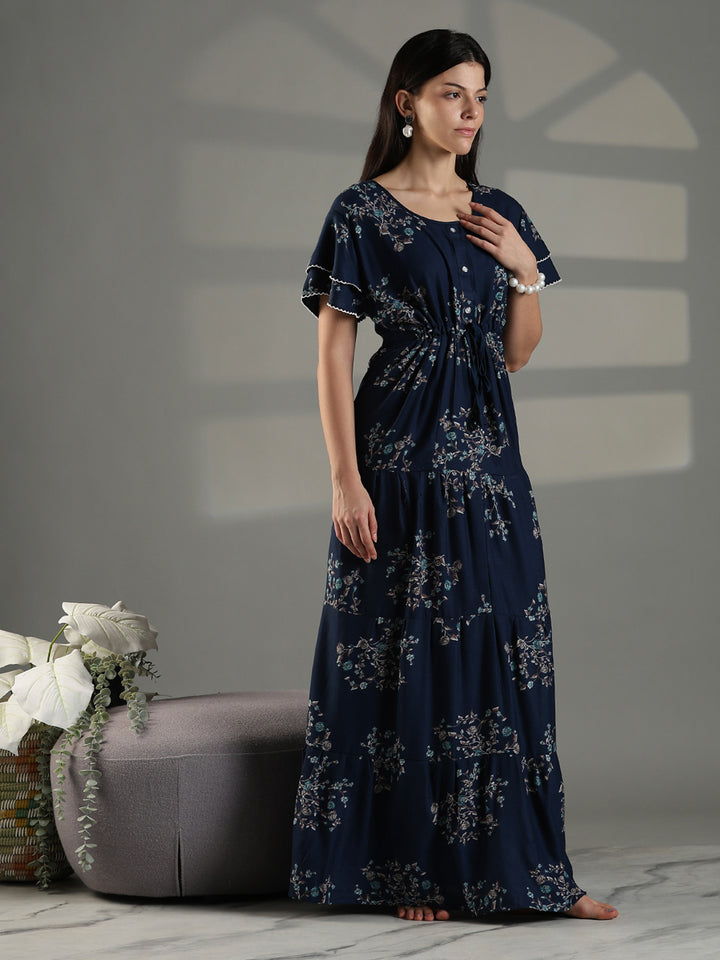 Navy blue floral frock type branded nighty for women.