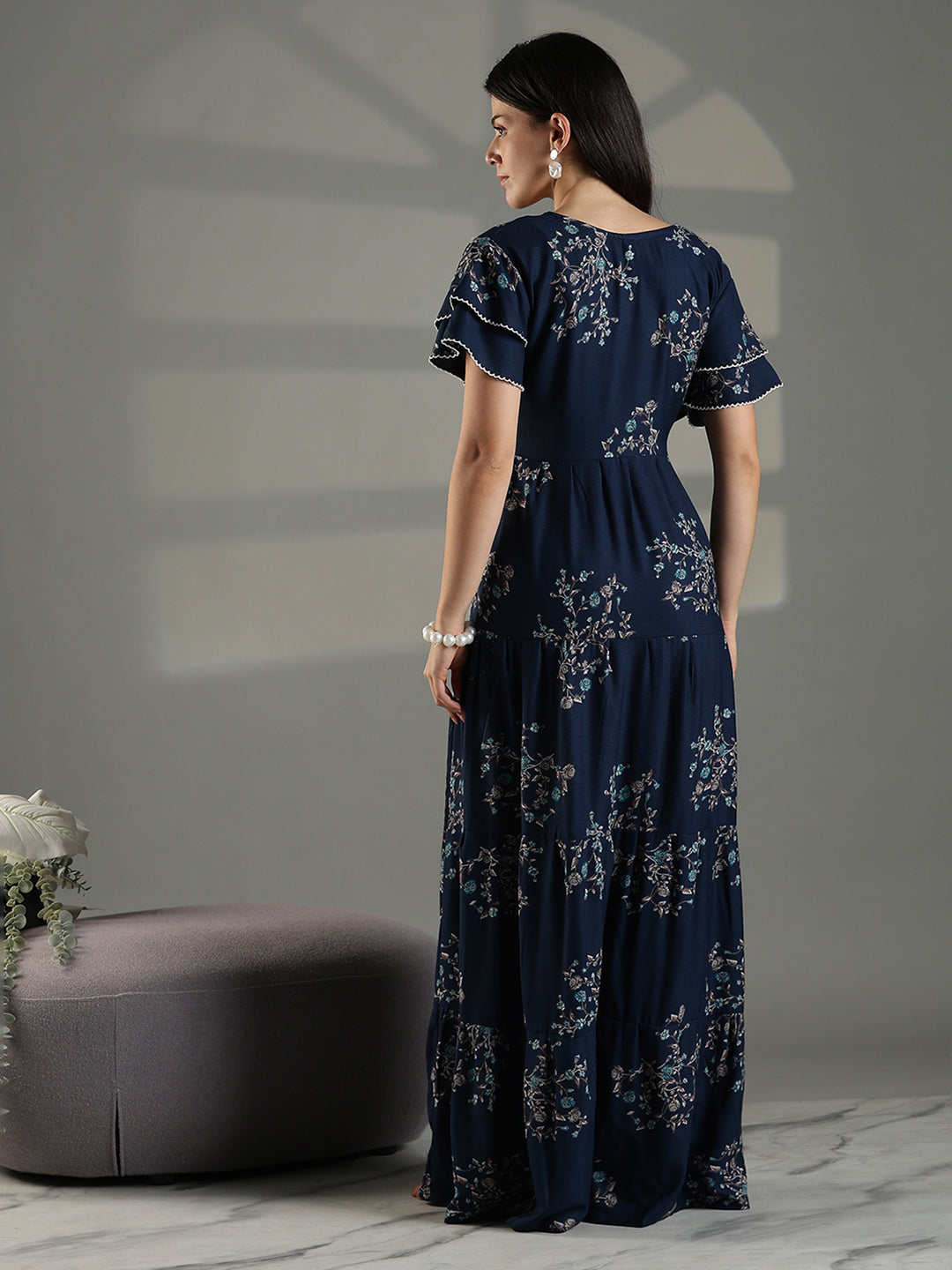 Navy blue floral frock type branded nighty for women.
