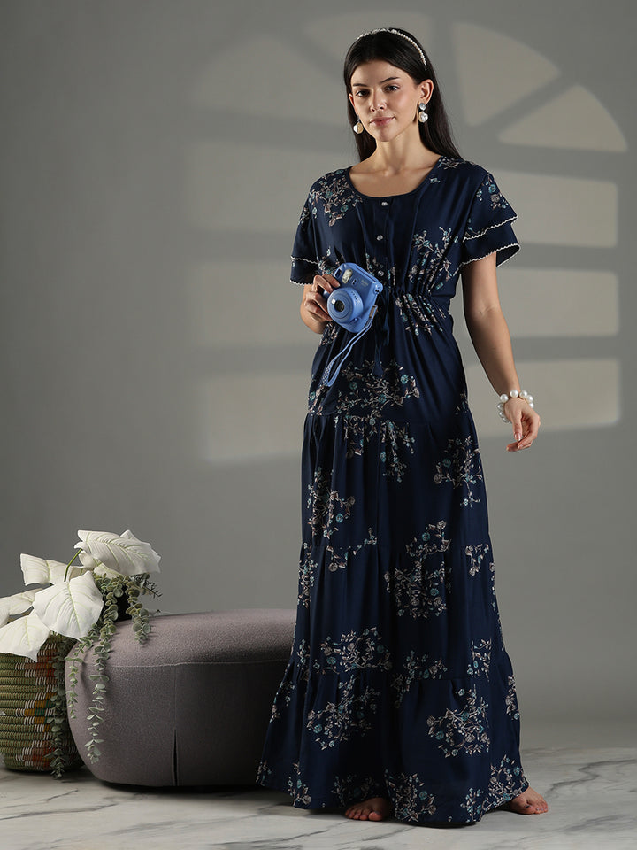 Navy blue floral frock type branded nighty for women.