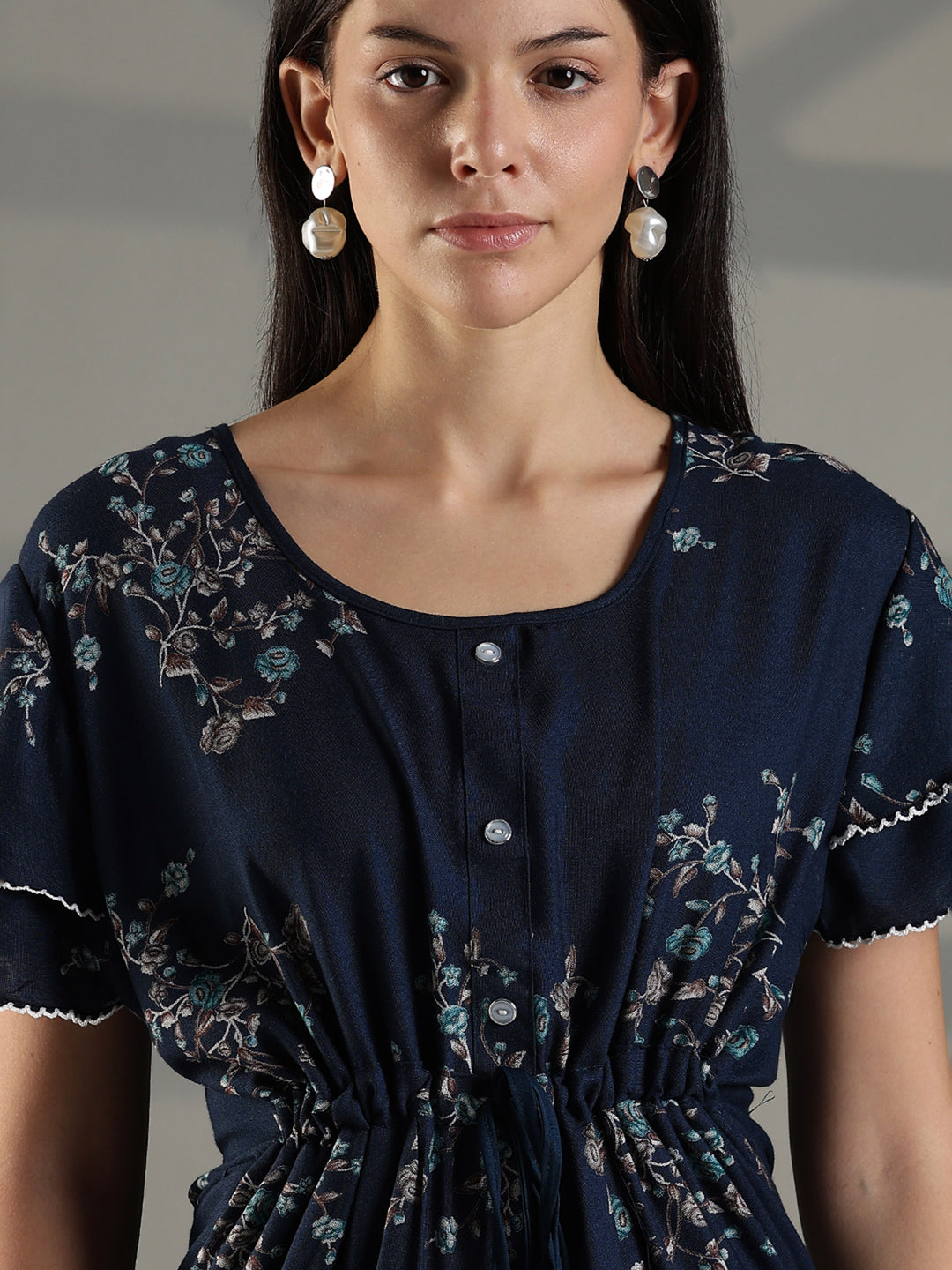 Navy blue floral frock type branded nighty for women.