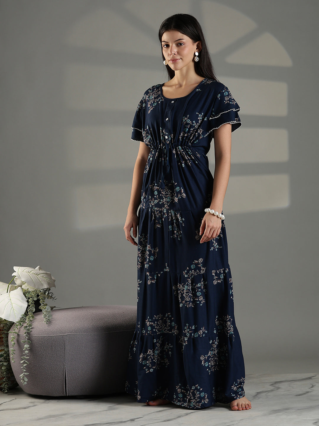 Navy blue floral frock type branded nighty for women.