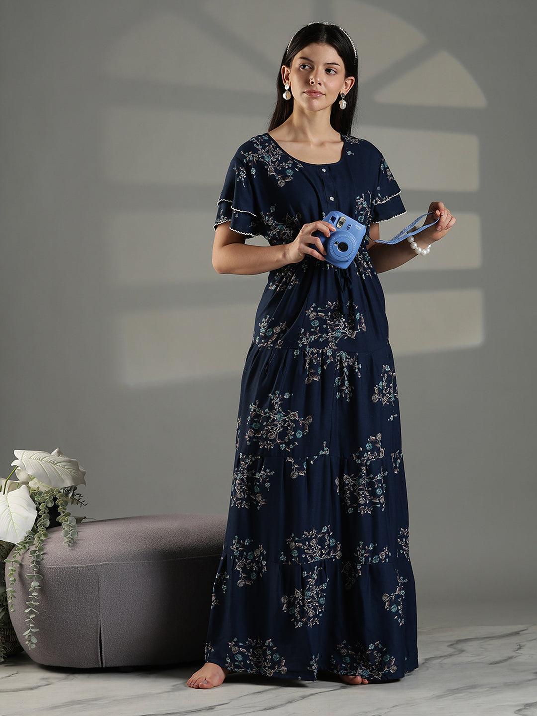 Navy blue floral frock type branded nighty for women.