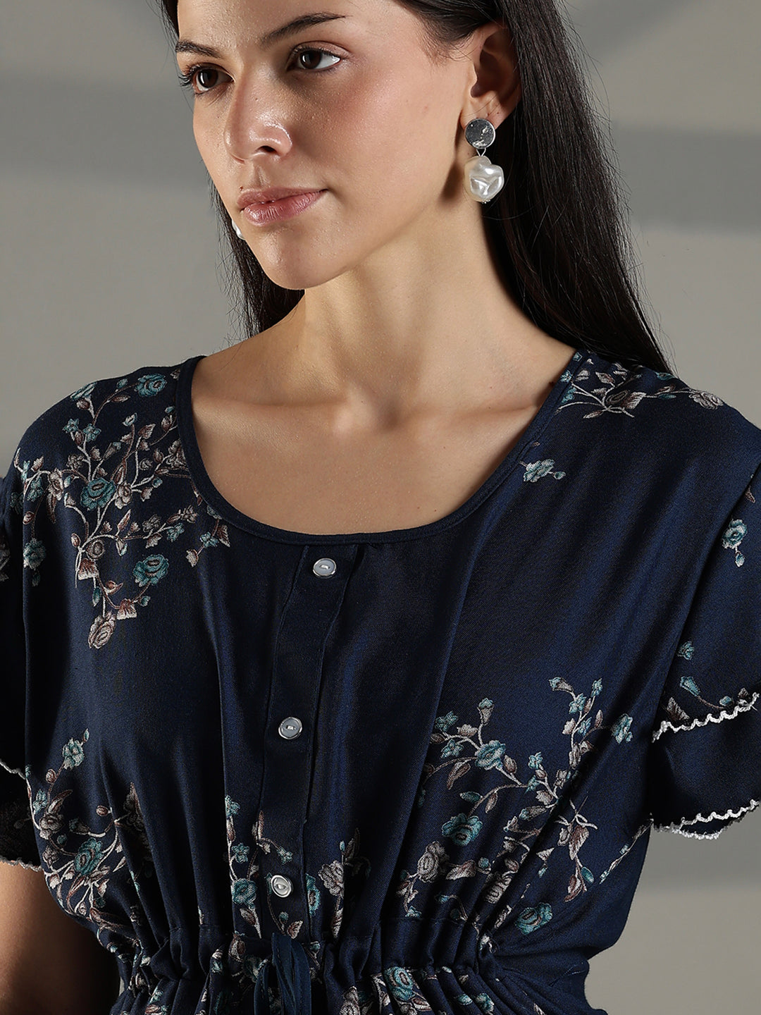 Navy blue floral frock type branded nighty for women.