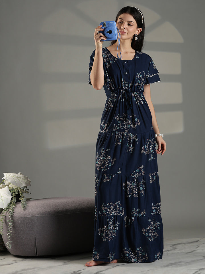 Navy blue floral frock type branded nighty for women.