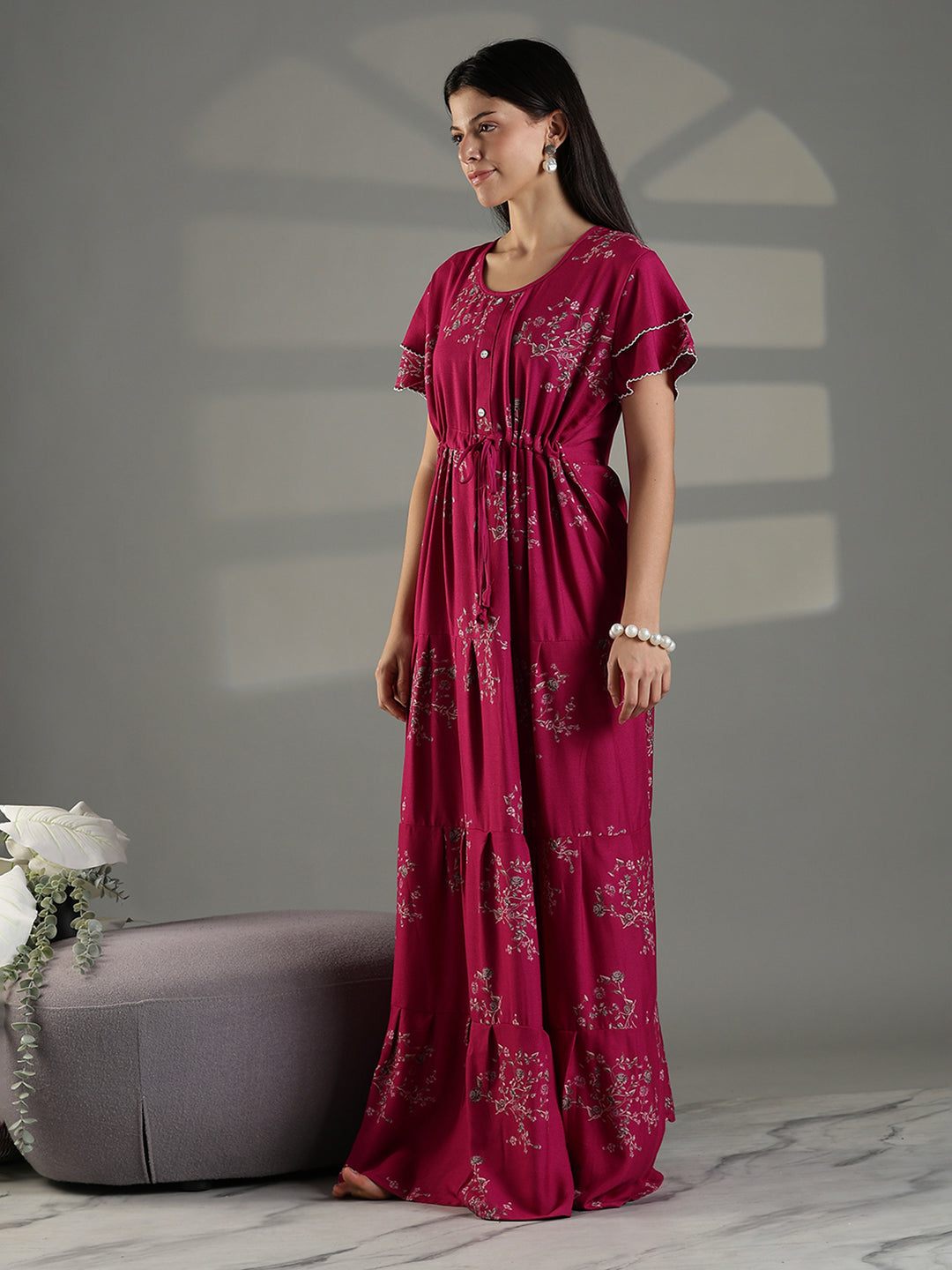 Magenta Floral Frock Style Nighty for Women Soft Alpine Comfort