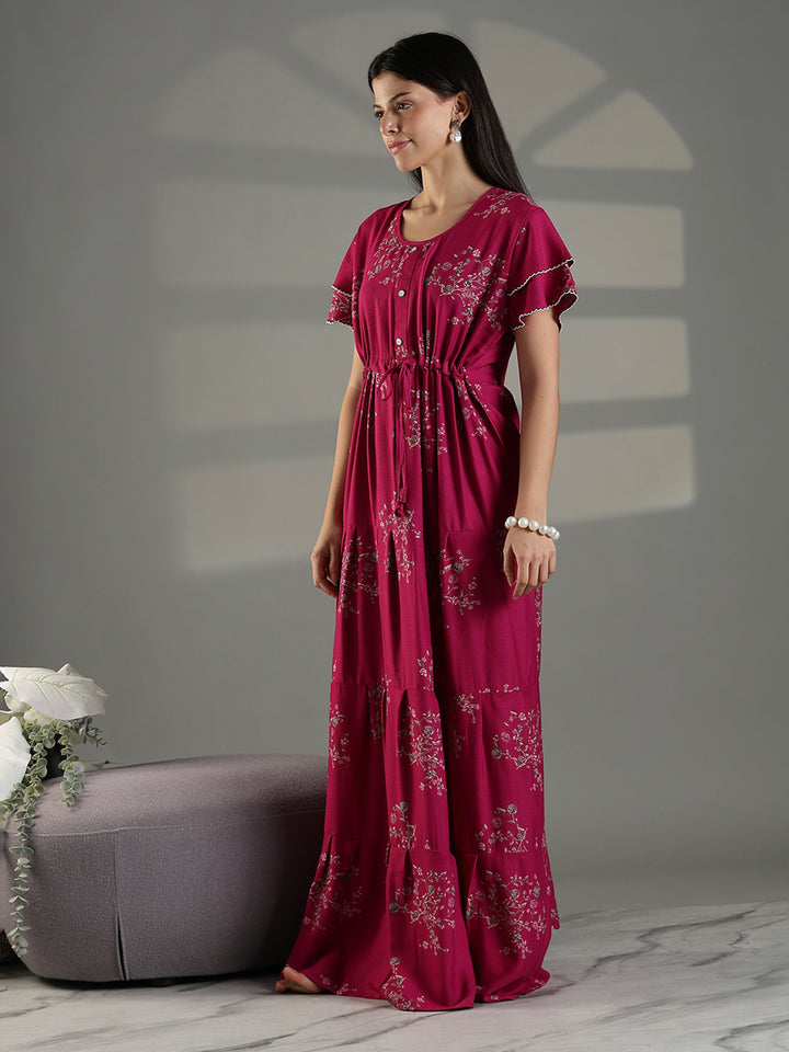 Magenta Floral Frock Style Nighty for Women Soft Alpine Comfort