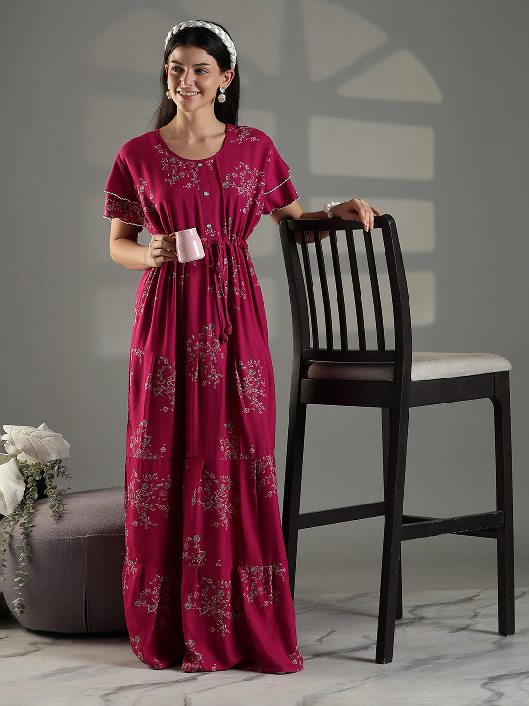 Magenta Floral Frock Style Nighty for Women Soft Alpine Comfort