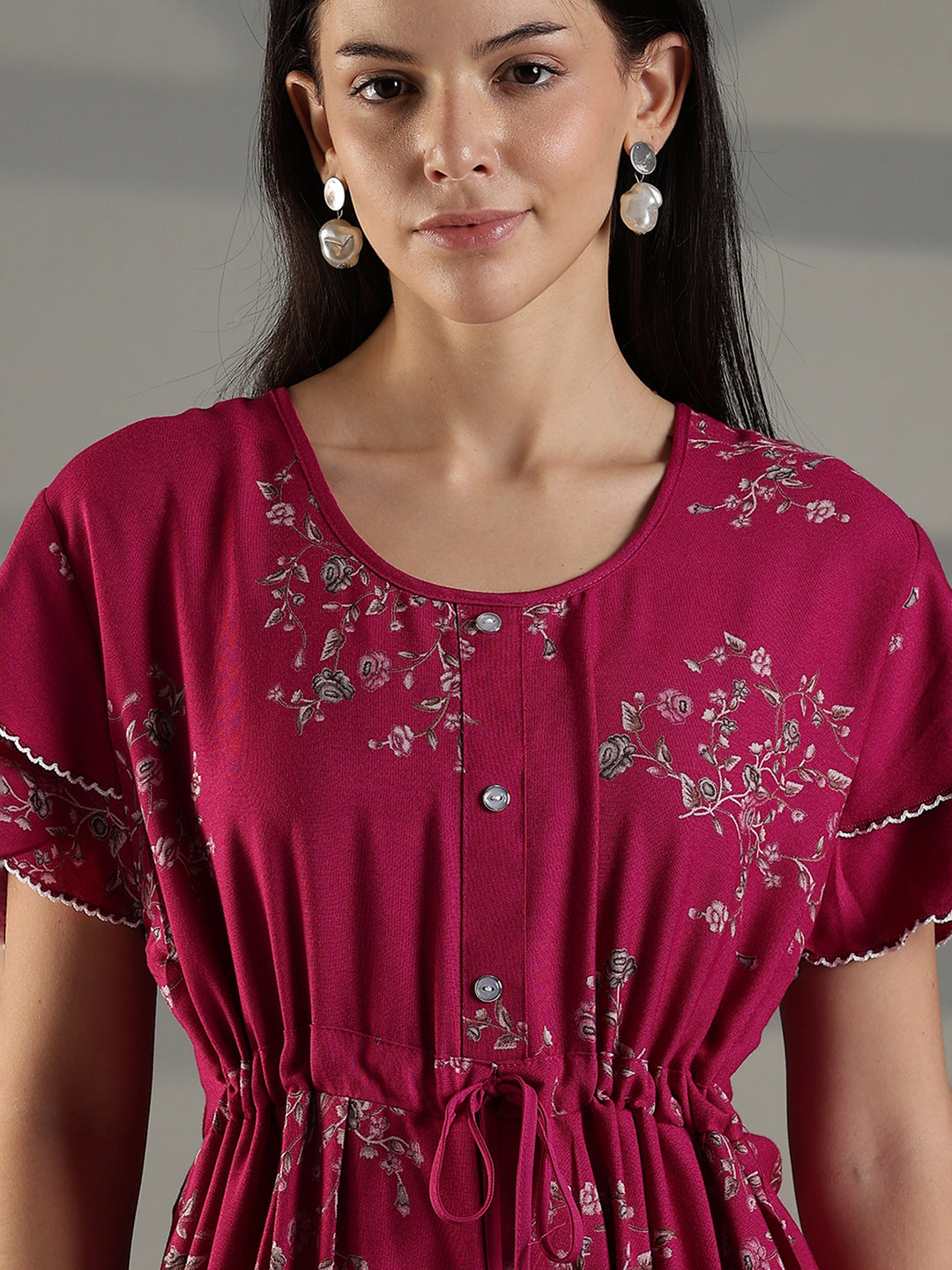 Magenta Floral Frock Style Nighty for Women Soft Alpine Comfort