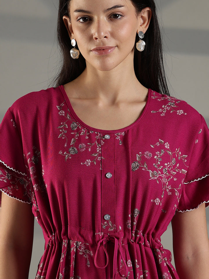 Magenta Floral Frock Style Nighty for Women Soft Alpine Comfort