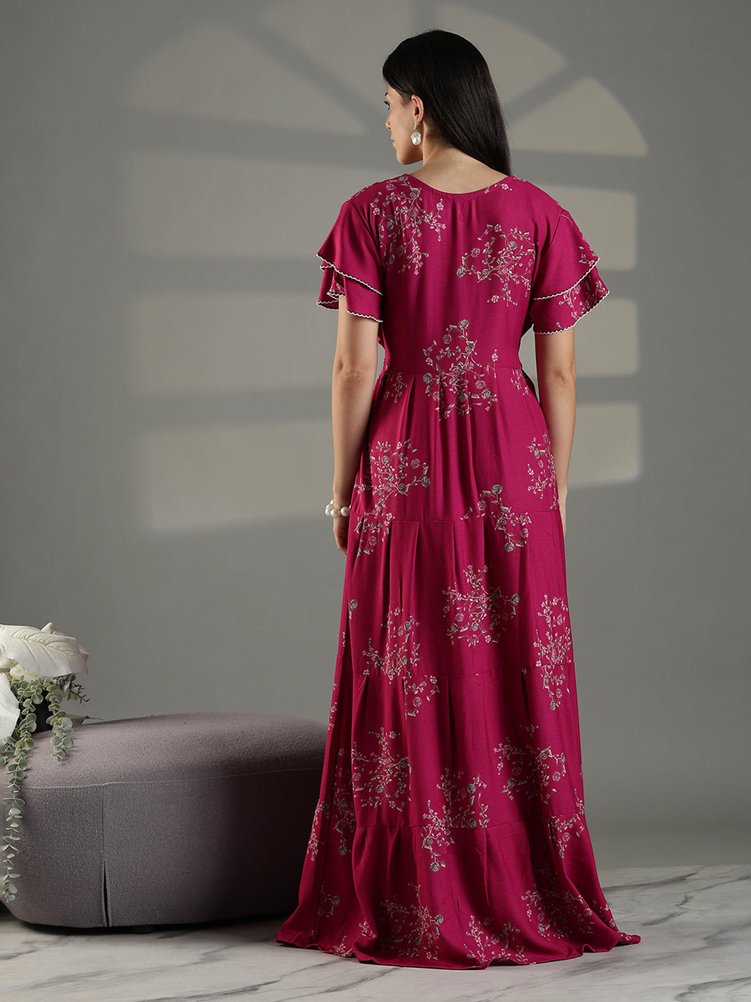 Magenta Floral Frock Style Nighty for Women Soft Alpine Comfort