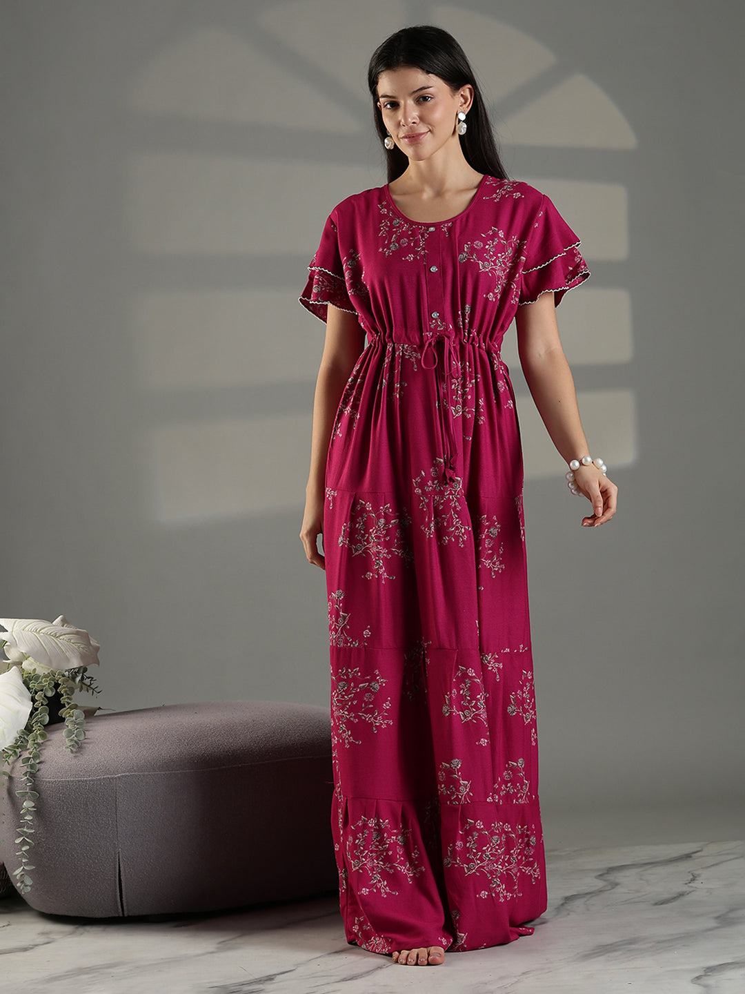 Magenta Floral Frock Style Nighty for Women Soft Alpine Comfort