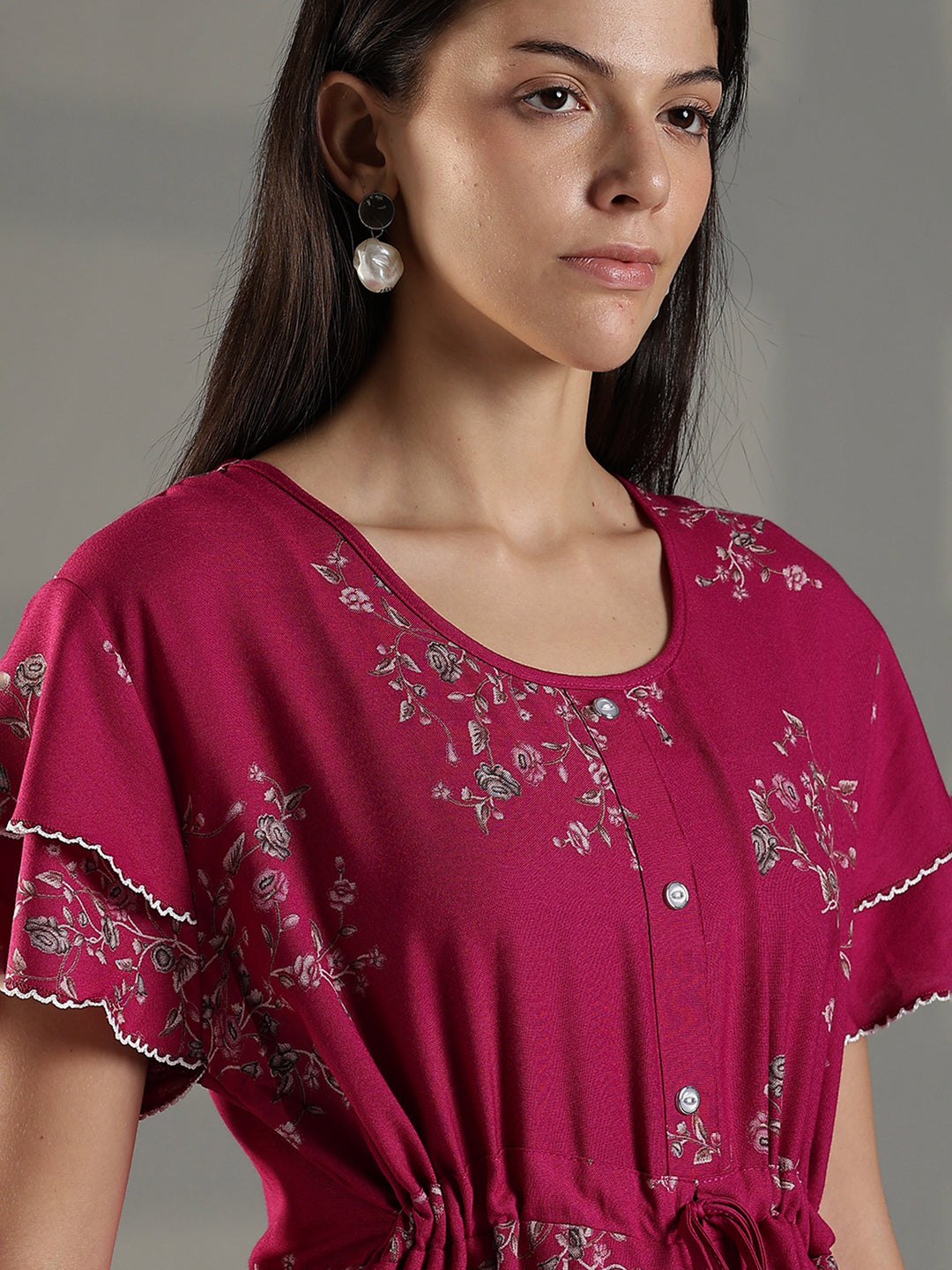 Magenta Floral Frock Style Nighty for Women Soft Alpine Comfort