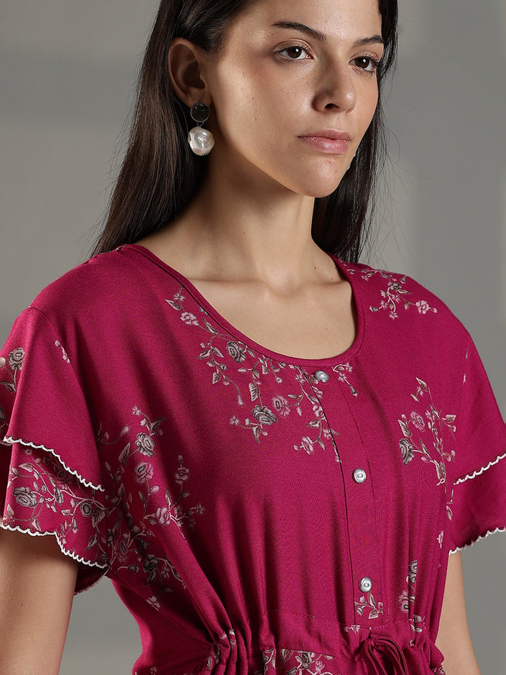 Magenta Floral Frock Style Nighty for Women Soft Alpine Comfort
