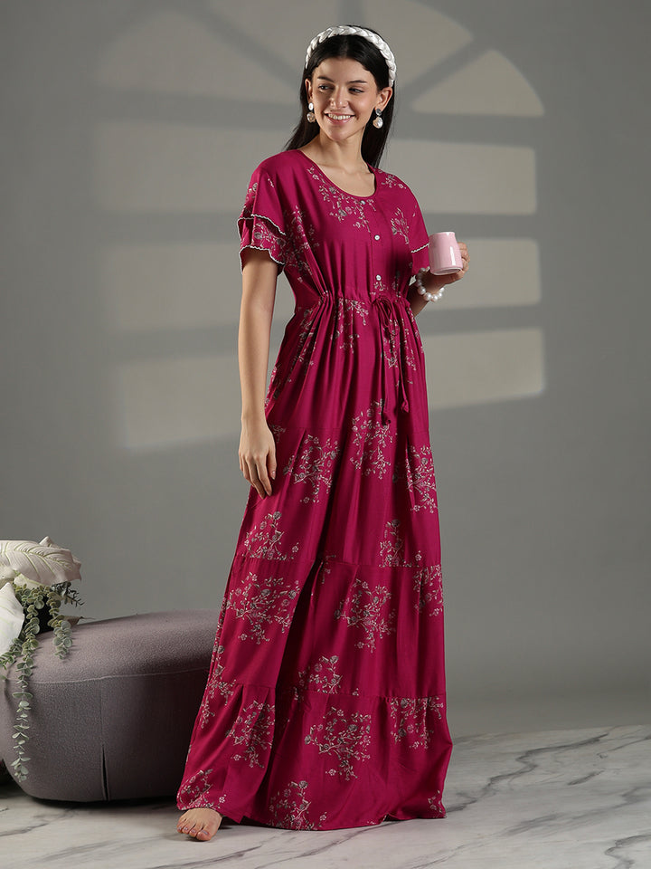 Magenta Floral Frock Style Nighty for Women Soft Alpine Comfort