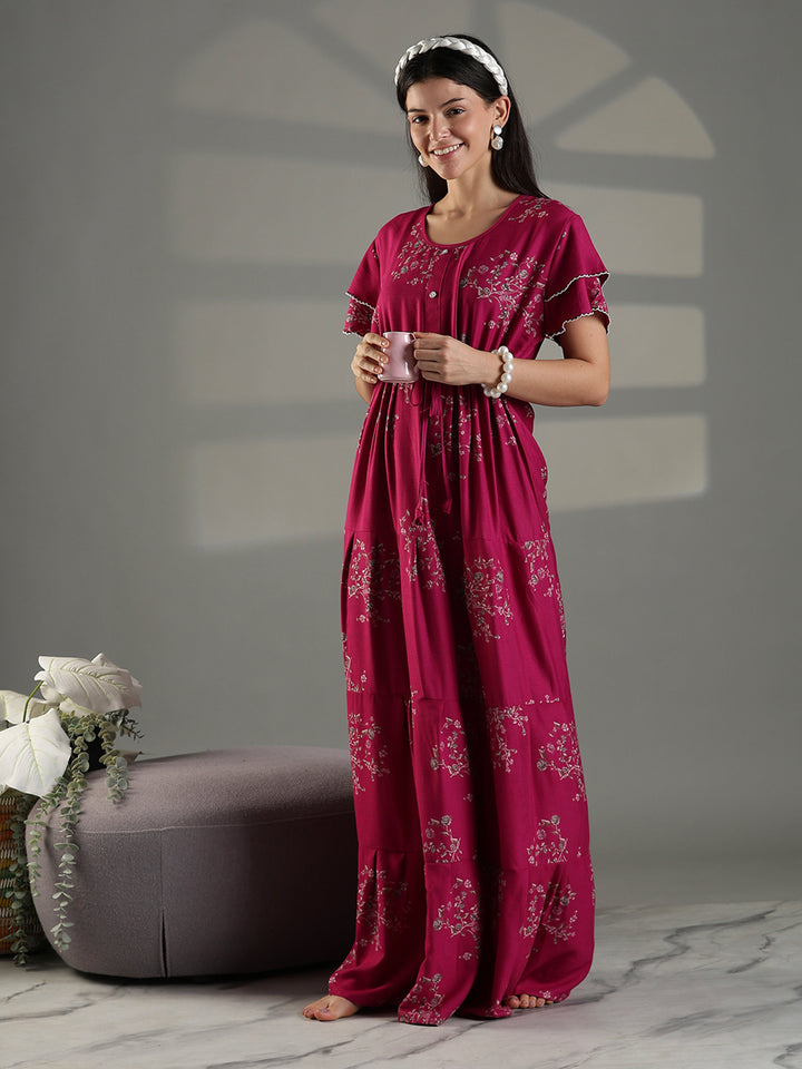 Magenta Floral Frock Style Nighty for Women Soft Alpine Comfort