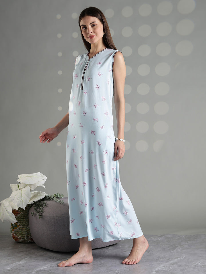 Aqua blue rayon sleeveless soft nightwear for women