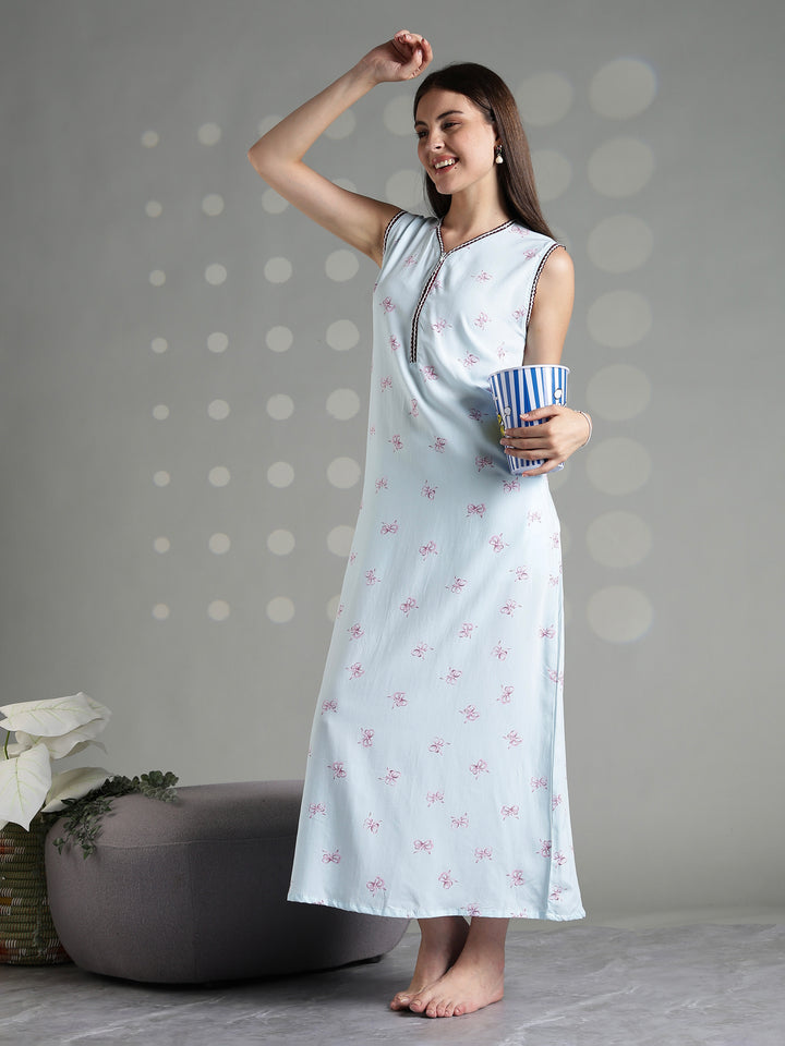Aqua blue rayon sleeveless soft nightwear for women