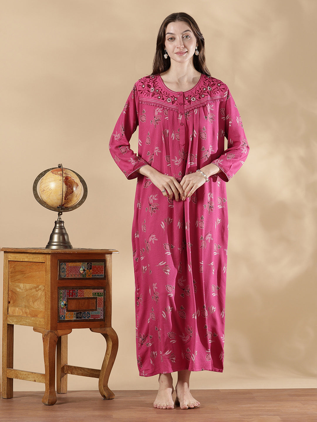 Berry pink alpine floral embroidered full sleeve nighty for women