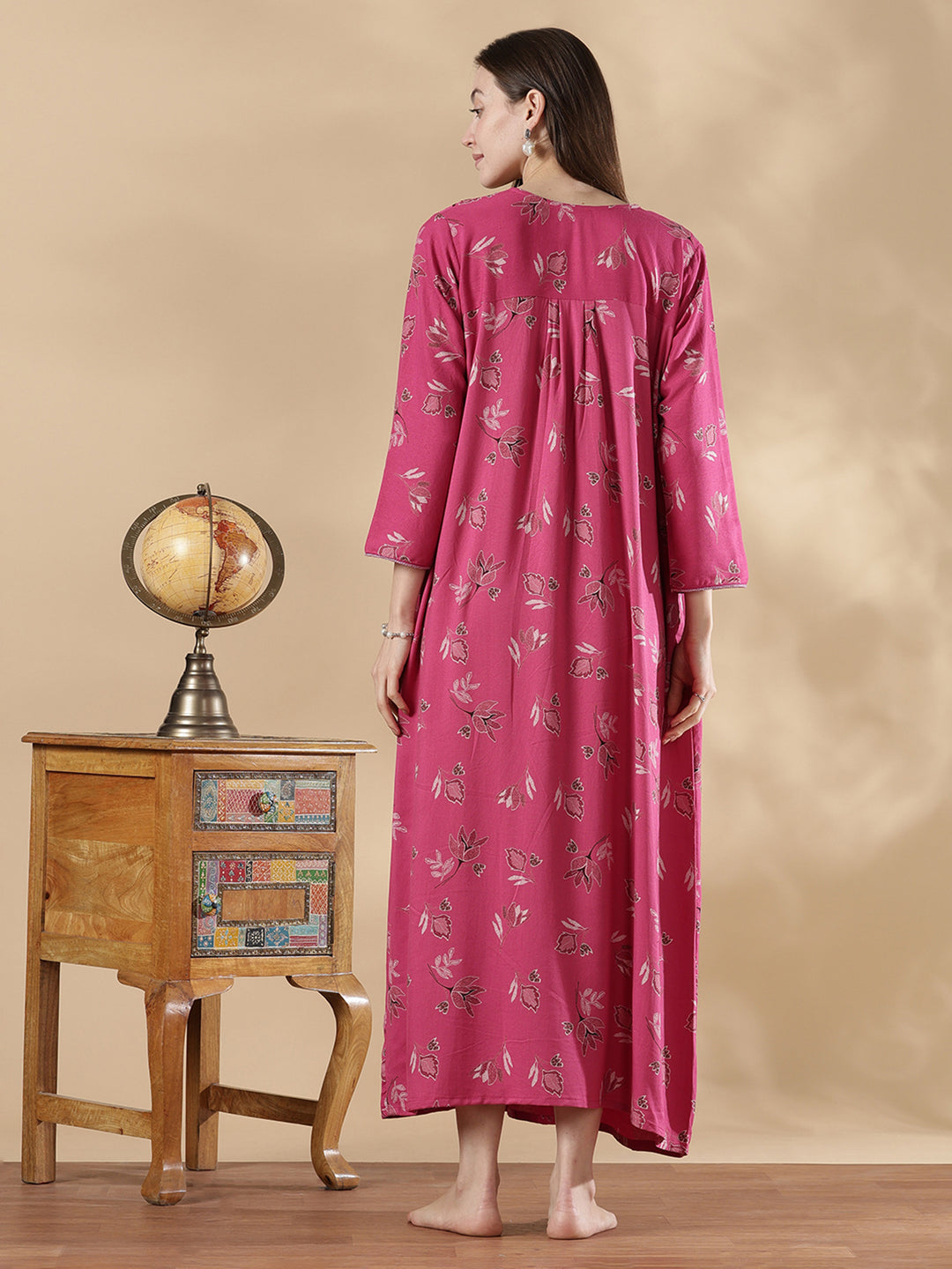 Berry pink alpine floral embroidered full sleeve nighty for women