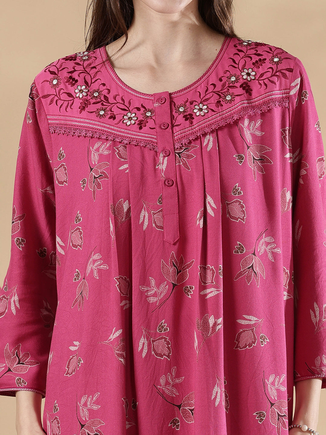 Berry pink alpine floral embroidered full sleeve nighty for women