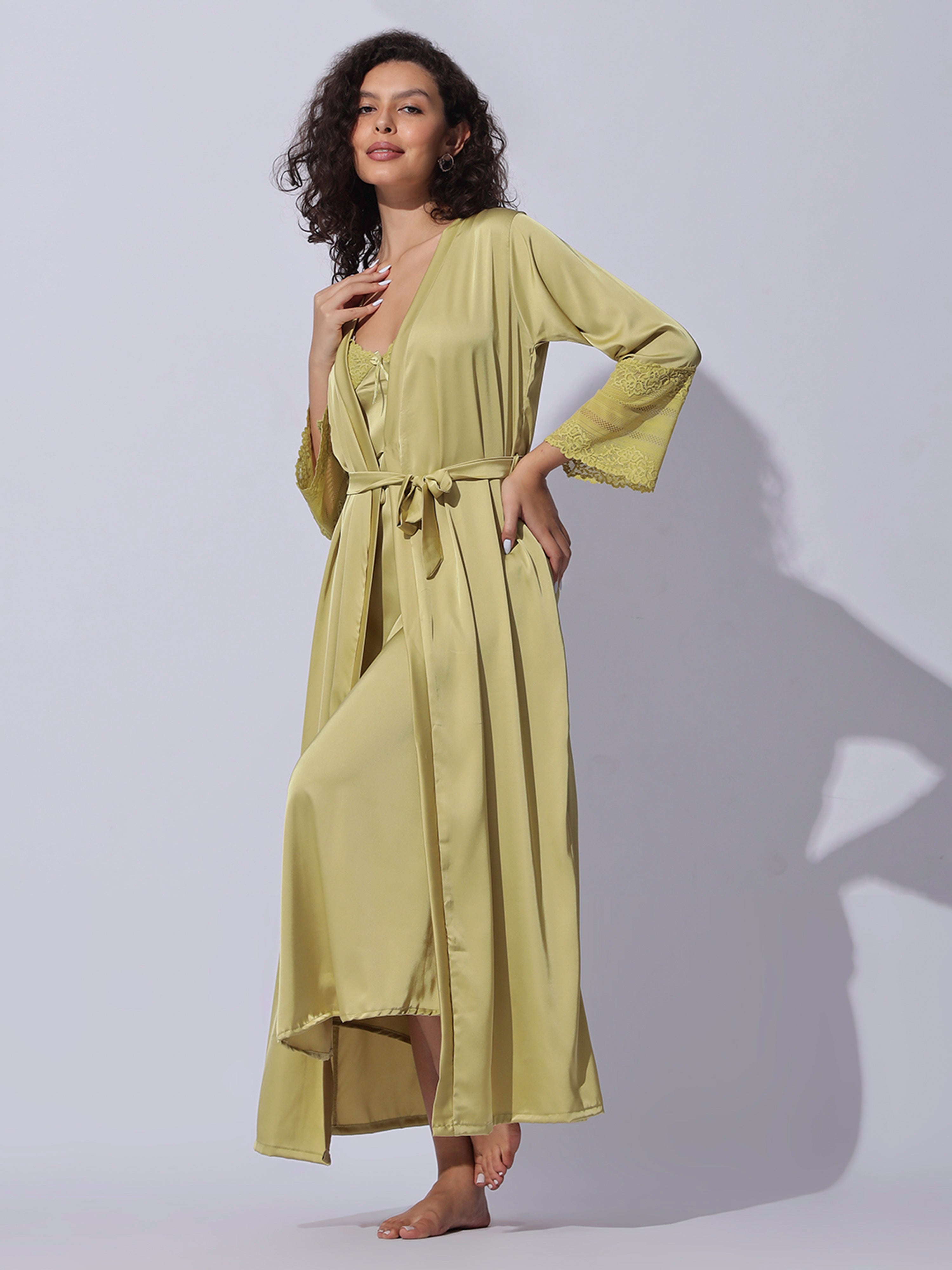 Shop Shimmer Gold Premium Satin Long Robe and Night Gown Set – 9shines ...