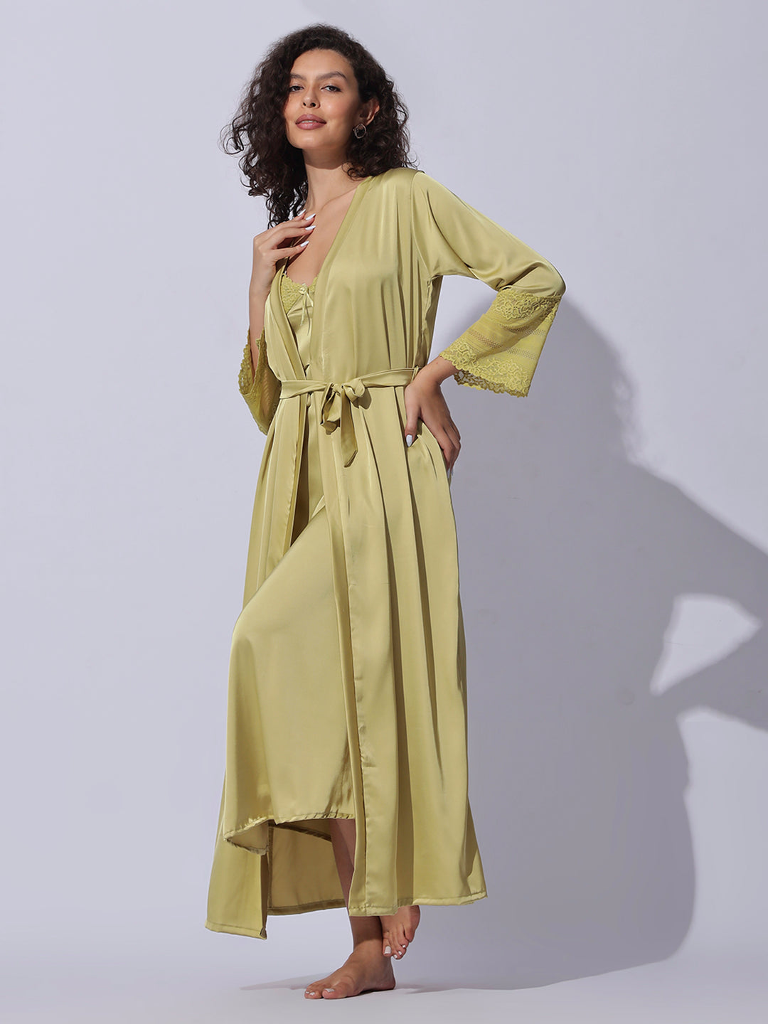 Designer satin long robe and night gown set for women in shimmer gold