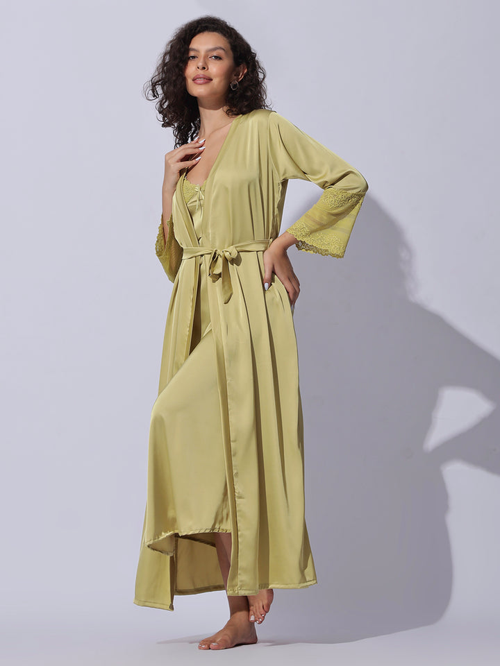 Designer satin long robe and night gown set for women in shimmer gold