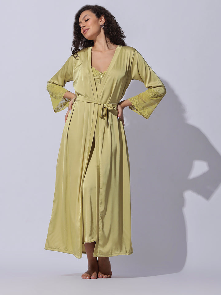 Designer satin long robe and night gown set for women in shimmer gold