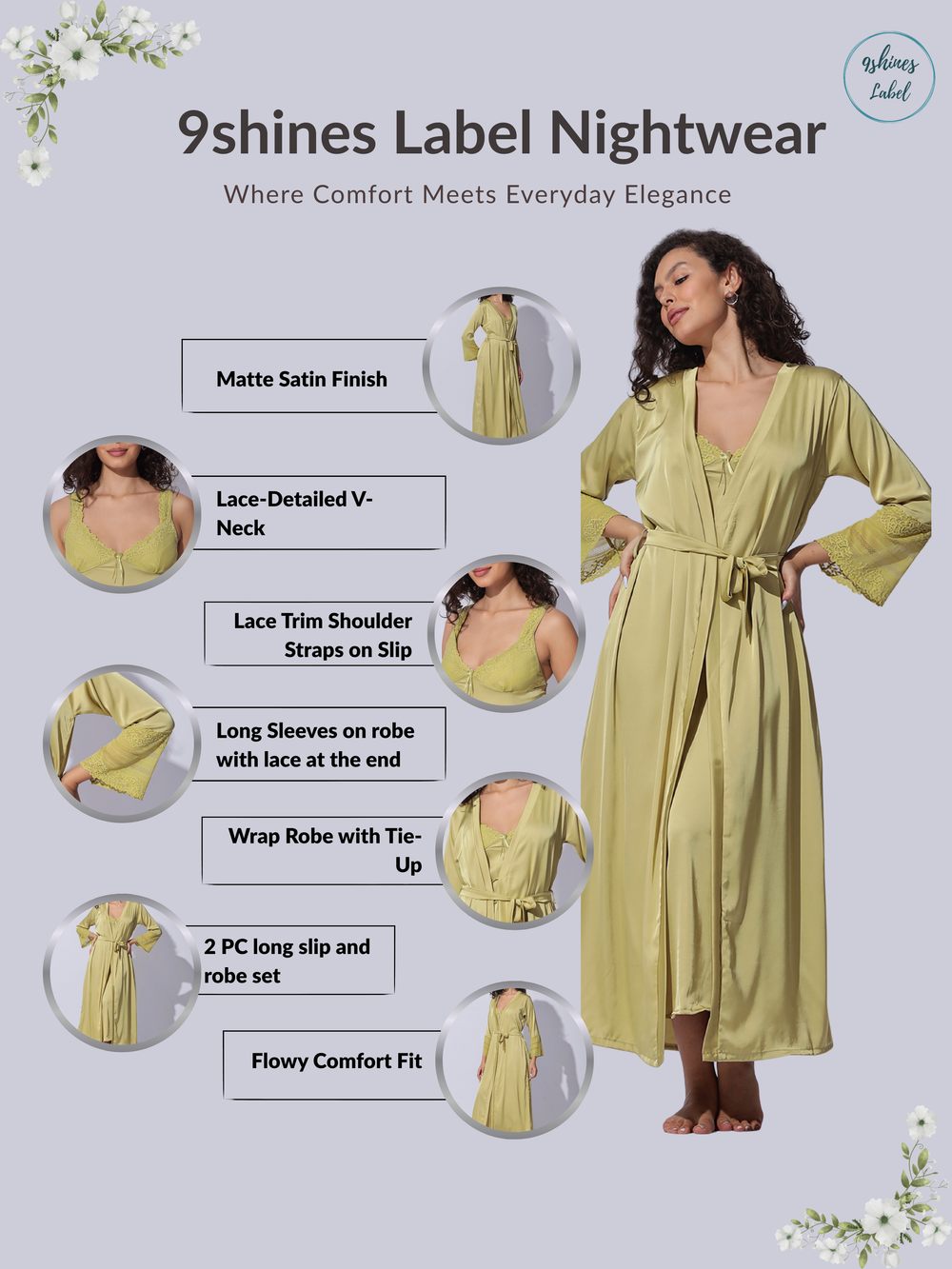 Designer satin long robe and night gown set for women in shimmer gold