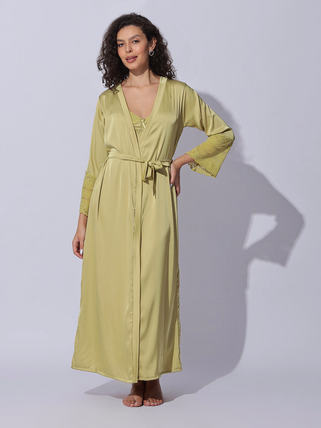 Designer satin long robe and night gown set for women in shimmer gold
