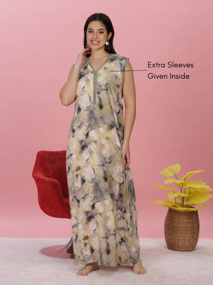 Rayon Golden Yellow Sleeveless Maxi Nighty for Women