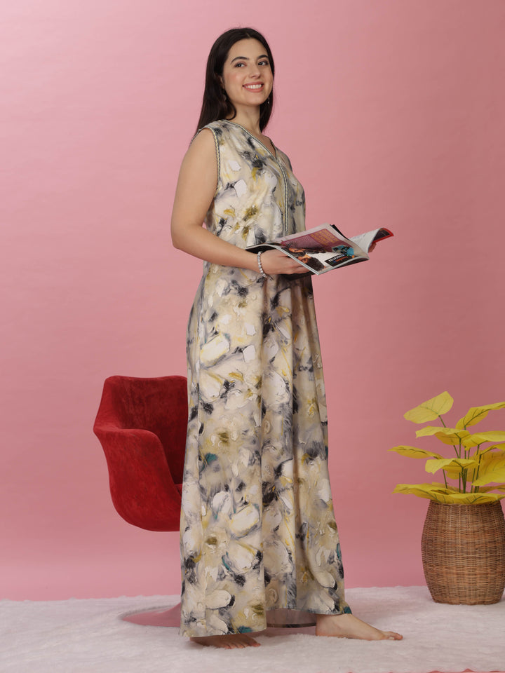 Rayon Golden Yellow Sleeveless Maxi Nighty for Women