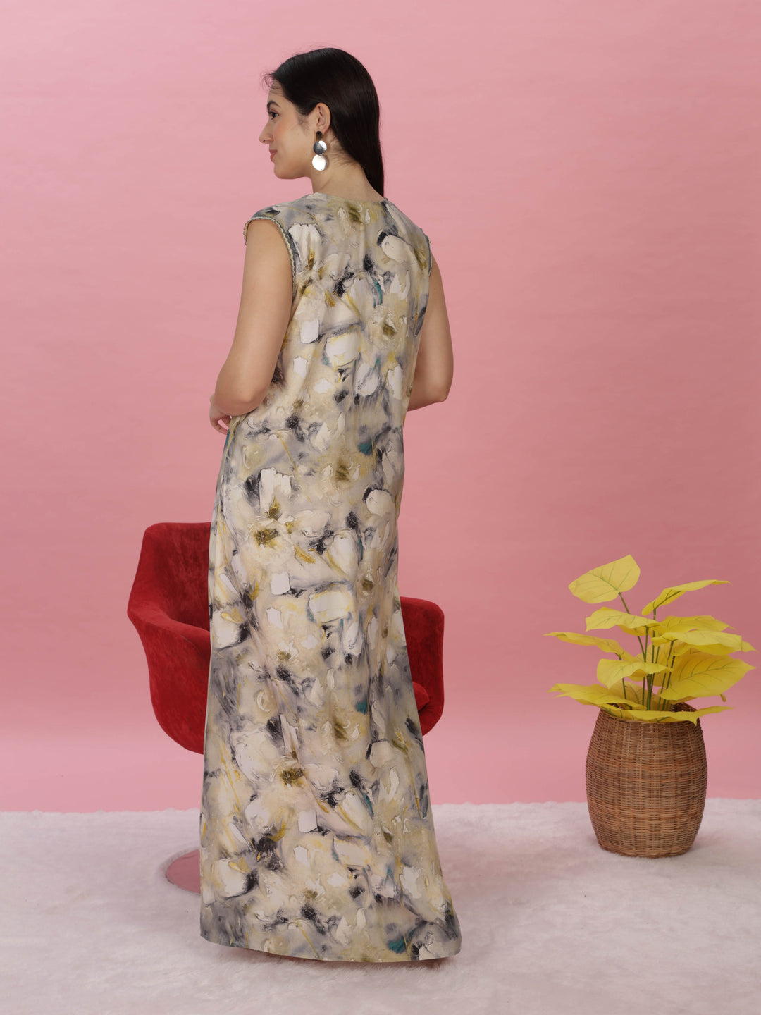 Rayon Golden Yellow Sleeveless Maxi Nighty for Women