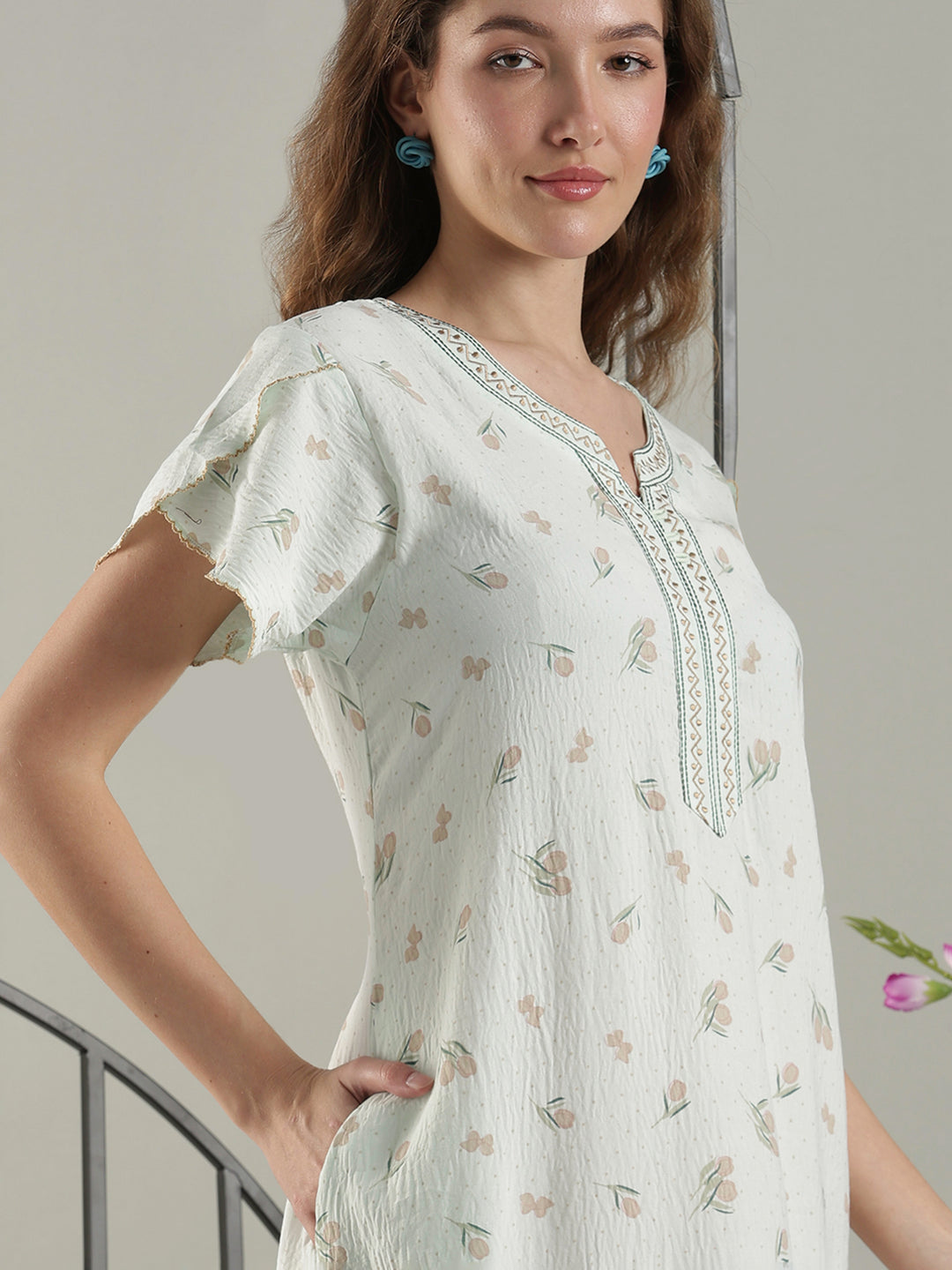 Misty Green Crush Cotton Classy A-Line Nighty for Women