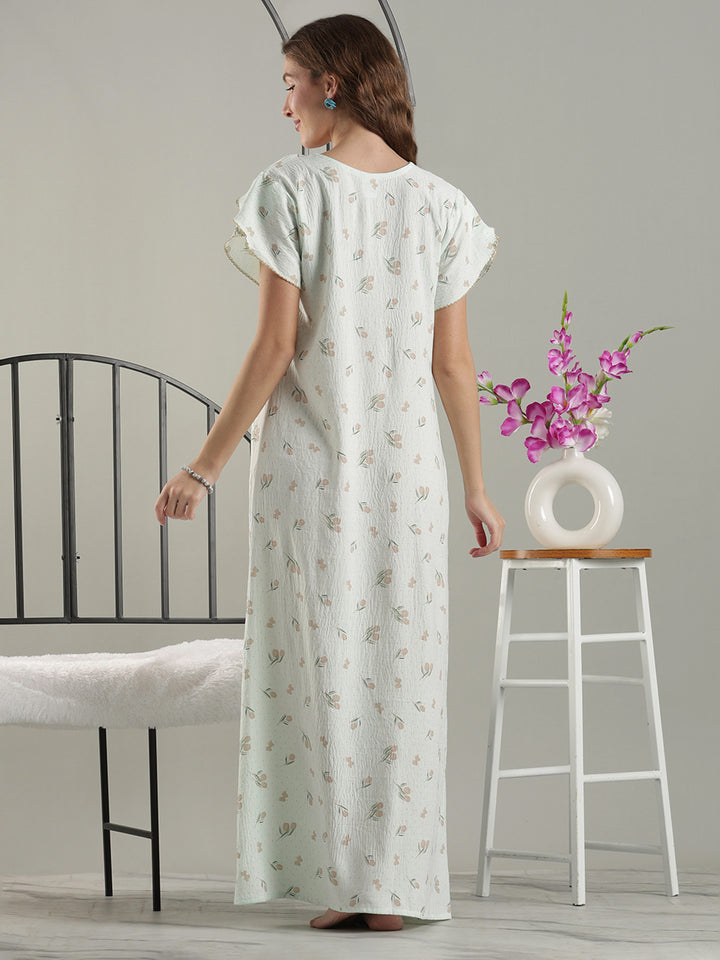 Misty Green Crush Cotton Classy A-Line Nighty for Women