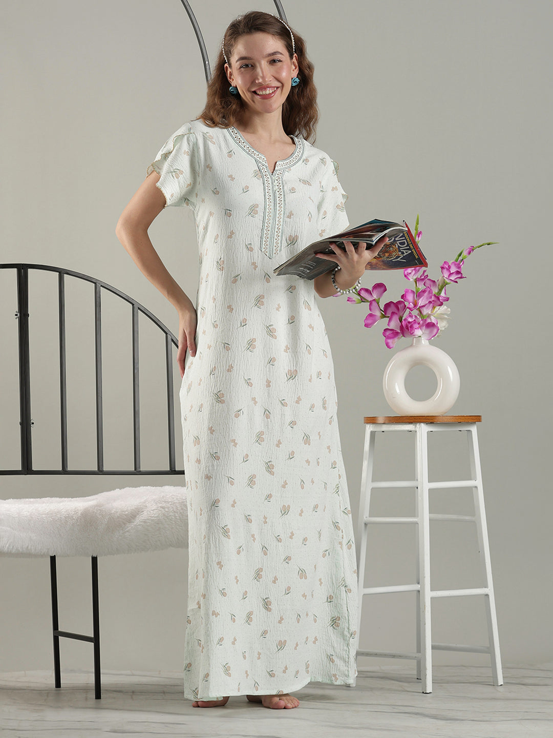 Misty Green Crush Cotton Classy A-Line Nighty for Women