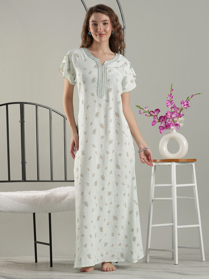 Misty Green Crush Cotton Classy A-Line Nighty for Women