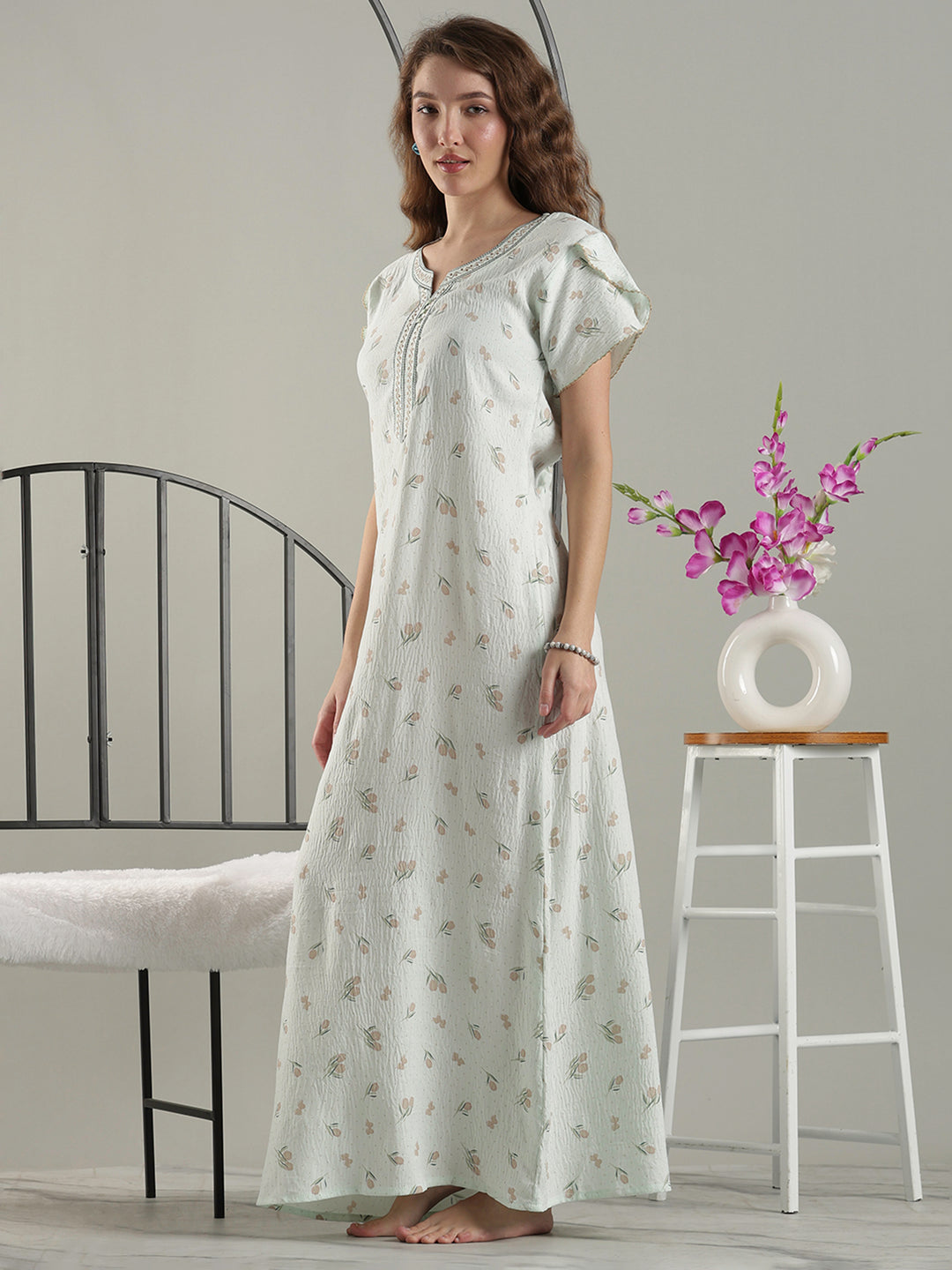 Misty Green Crush Cotton Classy A-Line Nighty for Women
