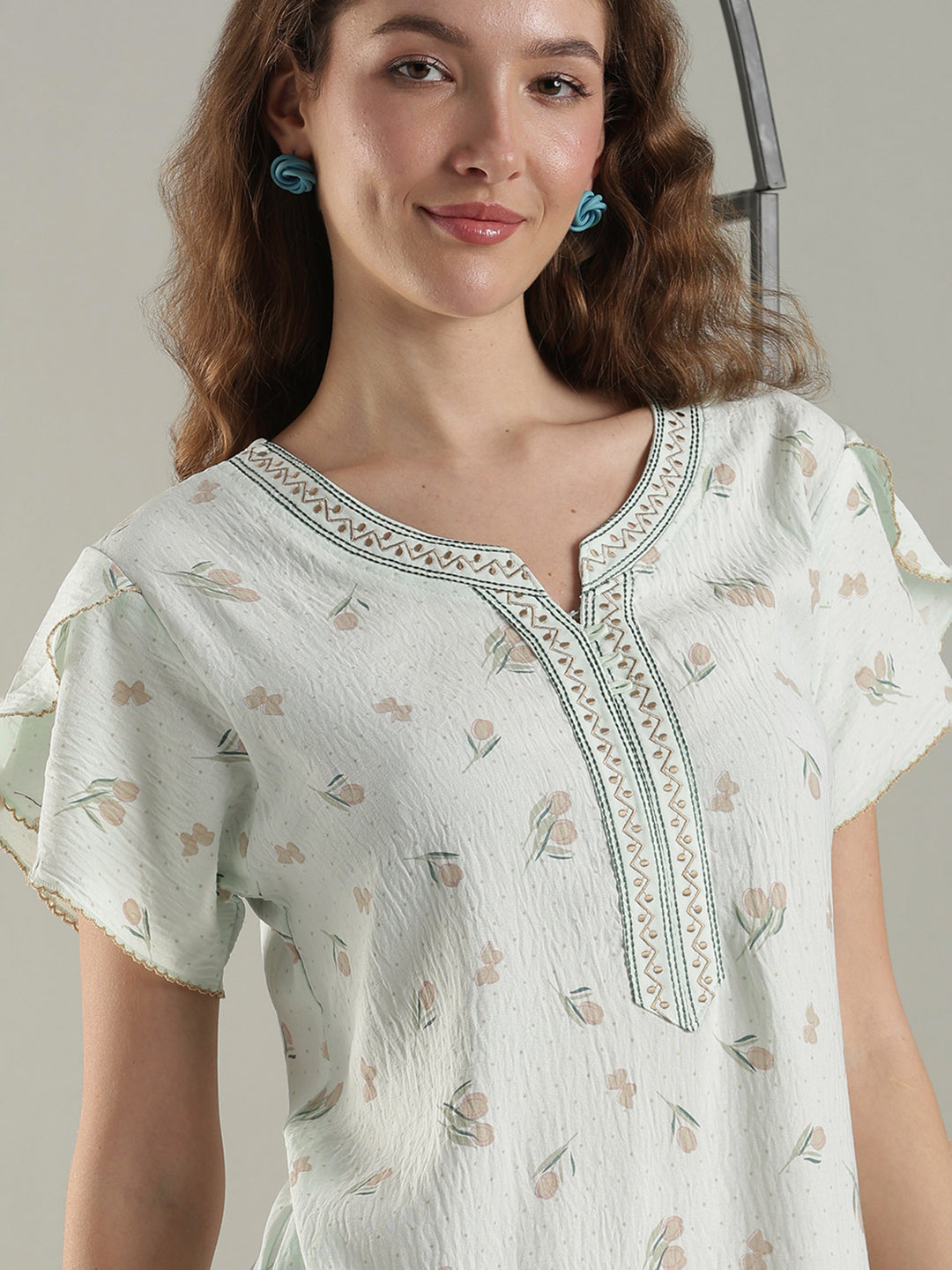 Misty Green Crush Cotton Classy A-Line Nighty for Women